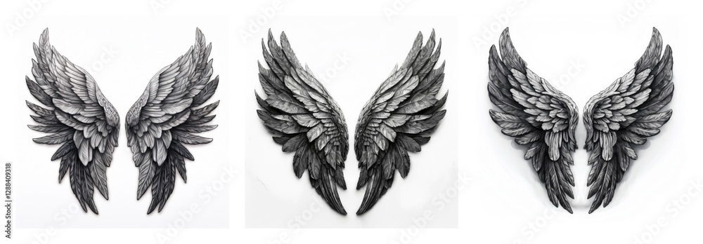 Aufkleber a monochromatic collection of three isolated pairs of detailed wings. feathery and spread out, they 