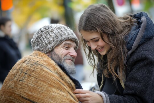 Volunteer helping a homeless man on the street