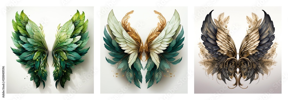 Poster Isolated collection: three decorative wing pairs. Unique styles and colors for each set.