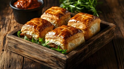 Lamb curry puff pastries arranged on a rustic wooden tray