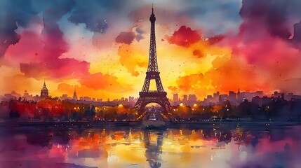 Dramatic and Colorful Sunset Over the Iconic Eiffel Tower in the Heart of Paris France  This Scenic and Romantic Cityscape Captures the Vibrant Lights and Reflections of the City at Dusk