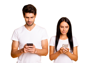 Photo of two people don't mind each other look telephones screen online addiction wear casual clothes isolated yellow color background