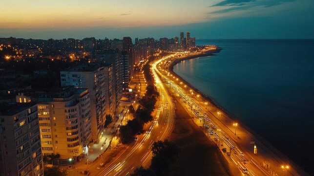 a prosperous coastal city at night, with high-rise buildings, traffic lights