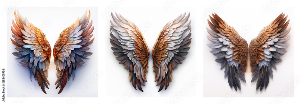 Poster isolated collection of three pairs of wings. varied colors, feather textures, and styles against a c