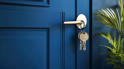 Modern blue door with silver handle and hanging keys
