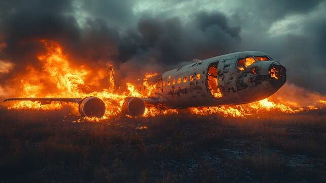 Dramatic and harrowing scene of a plane crash with the aircraft engulfed in flames and thick billowing smoke rising against a stormy ominous sky