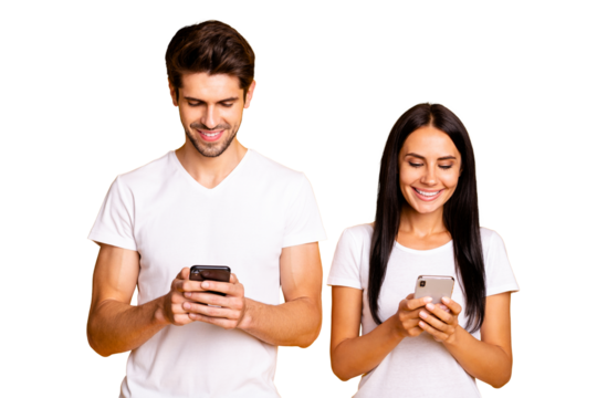 Photo of two people don't mind each other look telephones checking instagram followers wear casual clothes isolated yellow color background