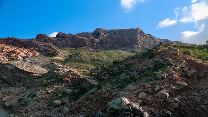Landscapes of Socotra showcasing rocky terrains and vibrant vegetation under clear blue skies