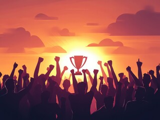 Triumphant Team Celebrates Victory at Sunset  A Silhouette of Joyful Crowd Raising Hands in Celebration Holding a Trophy Against a Vibrant Orange Sky