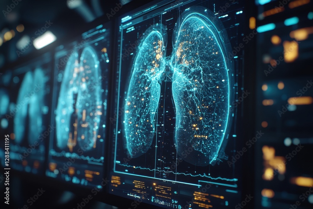 Wall mural futuristic digital visualization of human lungs with data and network connections on multiple screen