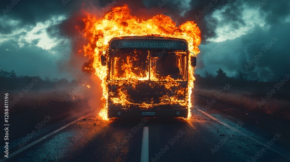 Poster dramatic scene of a burning bus engulfed in flames and thick smoke on a road showcasing an apocalypt
