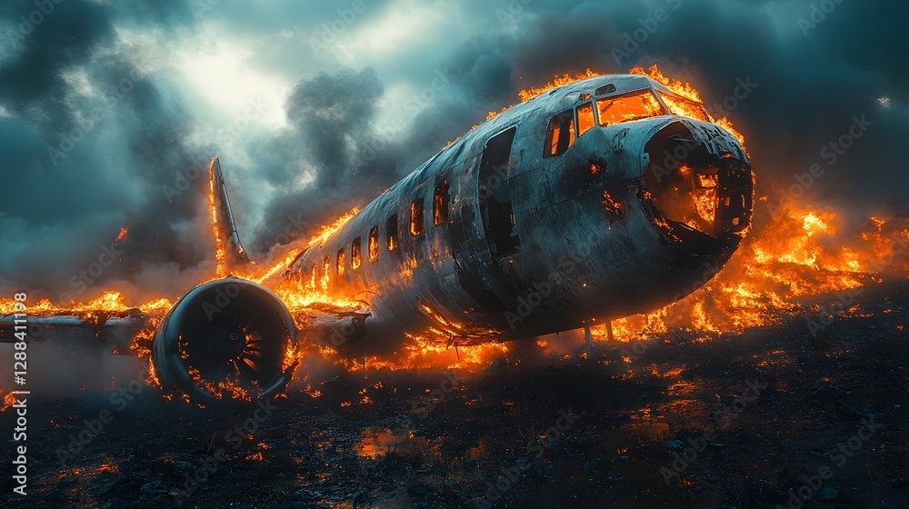 Aufkleber dramatic image of a burning airplane wreckage in an intense apocalyptic disaster scene with flames s