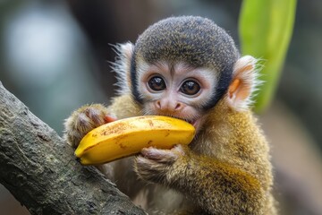 Cute baby monkey eating banana on a tree branch