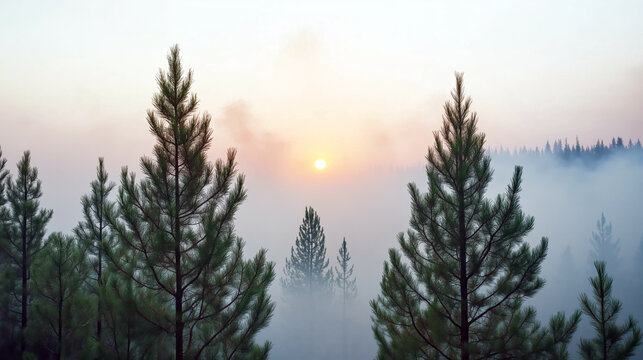 Serene sunrise over misty pine forest landscape with atmospheric fog