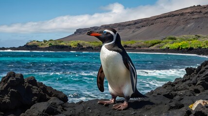 Naklejka premium Unique Galápagos Penguin Stands on a Rocky Beach with Scenic Ocean and Volcanic Peaks
