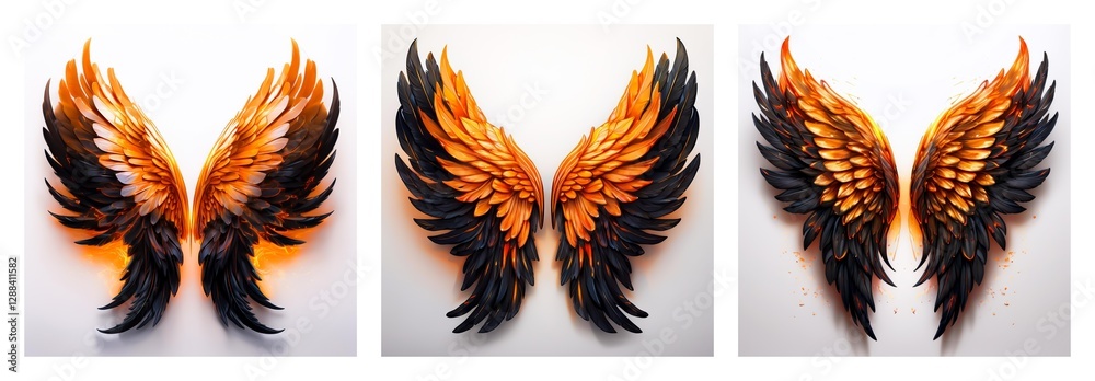 Poster a decorative isolated collection featuring three pairs of stylized wings. each pair displays orange 