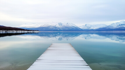 Naklejka premium Snow-covered pier overlooking tranquil lake with majestic snowy mountains