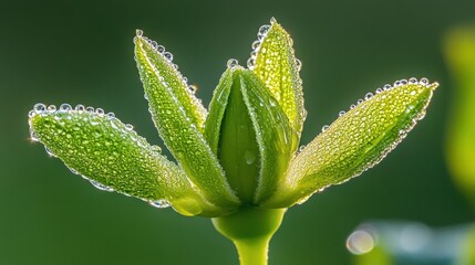 Fototapeta premium A fresh, dewy rose bud in soft lighting, its petals adorned with glistening droplets, symbolizing purity and elegance.