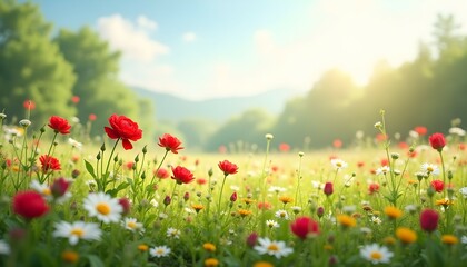 Blooming Wildflower Meadow with Red and White Flowers
