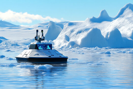 AI-driven autonomous ship navigating icy waters in polar region during daylight