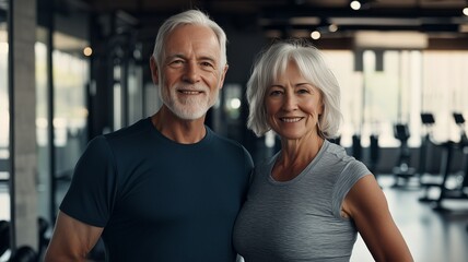 Elderly couple, gray-haired man and woman, 50 years old, with stylish haircut in a gym. View from the side, looking straight ahead and smiling. senior fitness