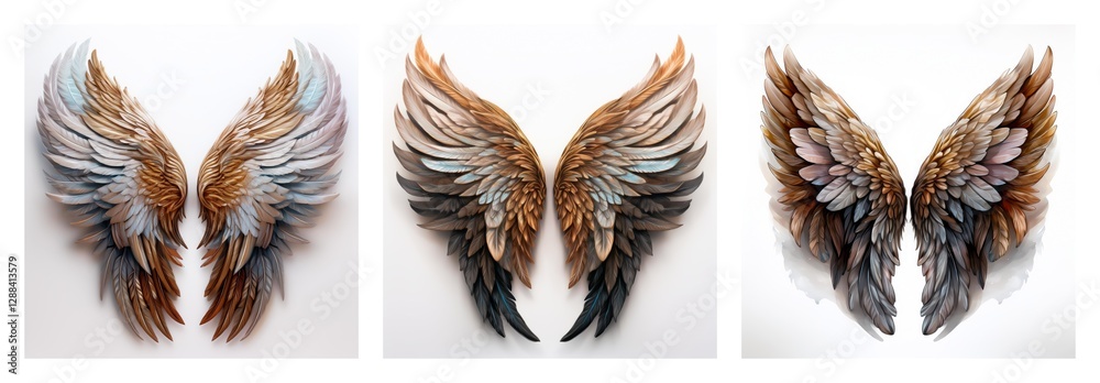 Poster isolated collection of three pairs of feathered wings with varied colors, set against a clean white 