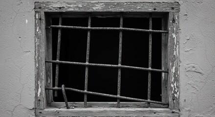 A black and white photo of an old, weathered wooden window frame with rusty, damaged metal bars. The paint is peeling, and the bars are askew. The background is a textured wall.