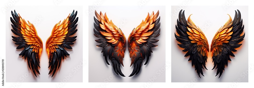 Aufkleber three pairs of wings, isolated against white. a collection of feathered wings with orange and black 