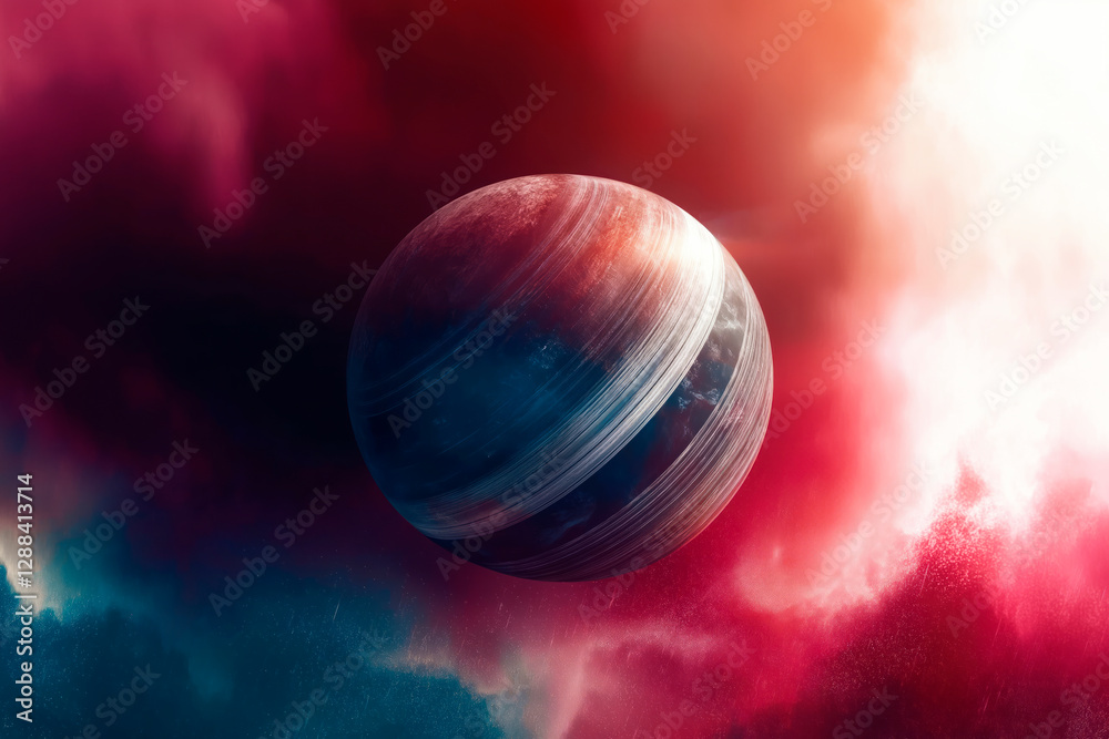 Wall mural a surreal digital painting of a massive ringed planet floating in a vibrant cosmic nebula, illuminat