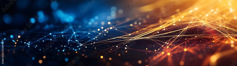 Poster Futuristic digital network of glowing energy particles and lines in a complex abstract pattern representing technological innovation data connectivity