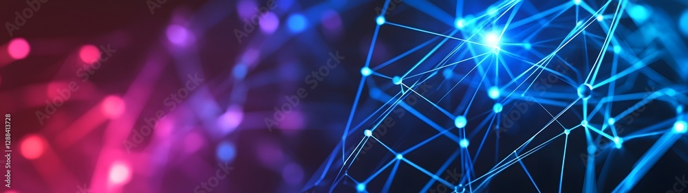 Poster Futuristic digital network visualization with interconnected data points glowing blue and purple lights and a dynamic abstract geometric pattern