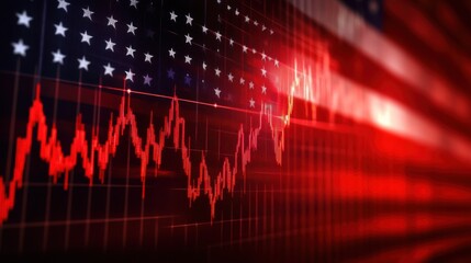 A red stock market downtrend with the American flag as the background 
