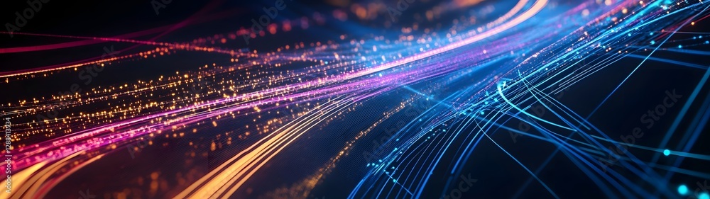 Poster Glowing abstract digital energy trails and neon particle streams create a captivating futuristic technology backdrop  This image evokes a sense of innovation progress