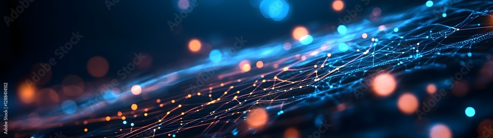 Poster Glowing Abstract Digital Network Interconnections in Blue Background  Futuristic technology design with dynamic data lines fiber optic cables