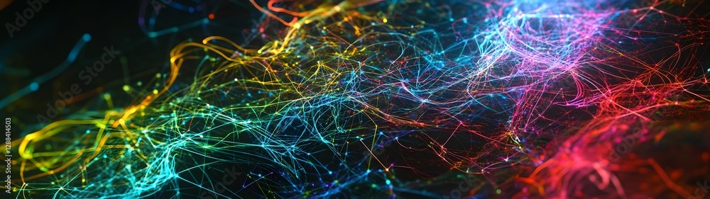 Fototapete Glowing digital energy waves particles and surging plasma in a cosmic chaotic and vibrant abstract background filled with a spectrum of luminous colors and modern technological elements