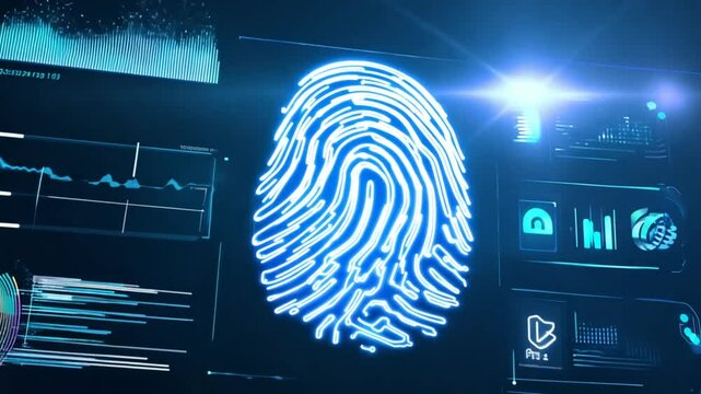 High-tech fingerprint scan displayed on a digital interface in a secure data facility highlighting identity verification