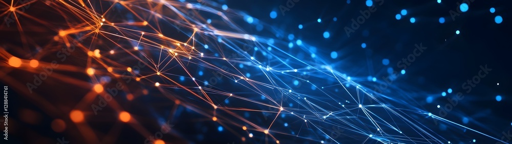 Poster Glowing interconnected digital nodes forming a futuristic technological landscape  Abstract background with bright lines dots and particles creating a dynamic intelligent