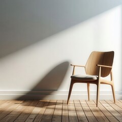 A warm shaft of sunlight flows onto a minimalist wooden chair, highlighting its elegant design. The light creates a peaceful atmosphere in this inviting indoor setting