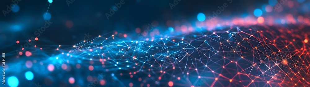 Fototapete Glowing Polygonal Data Network with Flowing Particles Showcasing Futuristic Digital Technology and Interconnectivity
