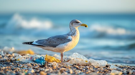 Seagull amidst plastic pollution on beach shoreline at sunrise