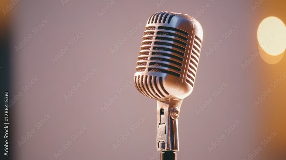 Poster vintage microphone in ambient light inspiring home-based podcasting and indie broadcasting for creat