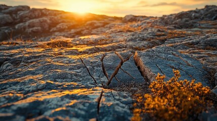 Weathering process concept. A serene landscape showcasing rugged rocks illuminated by the warm sunset glow.