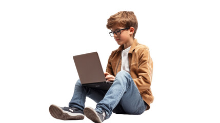 Young boy using laptop transparent background png technology home environment side view creativity