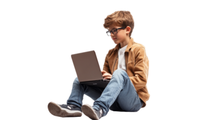 Young boy using laptop transparent background png technology home environment side view creativity