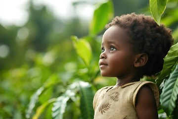 Little girl observing nature in a coffee plantation expressing hope