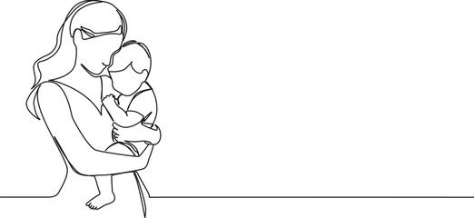 continuous single line drawing of mother holding young child on her arm, line art vector illustration