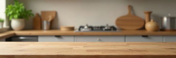 Clean wooden surface, soft-focus kitchen backdrop , display, light, table