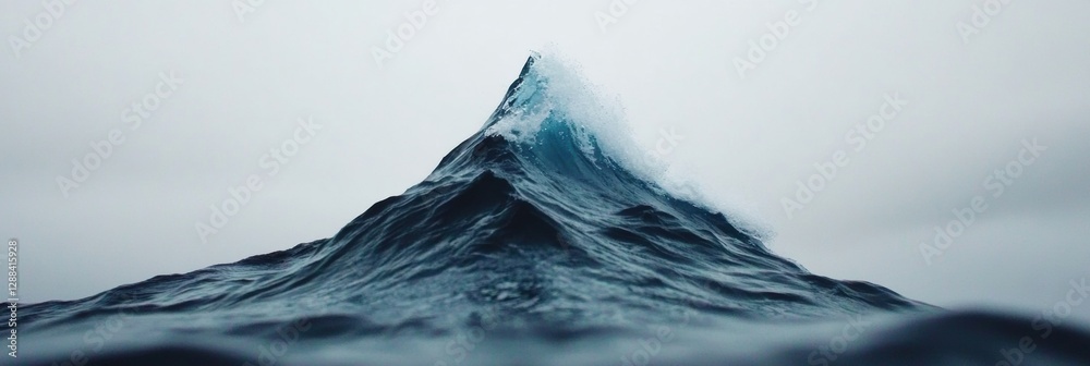 Poster Dynamic Oceanic Power Surging Wave Crest with Textured Foam Against Horizon - Capturing Natural Energy for Adventure Media and Environmental Advocacy