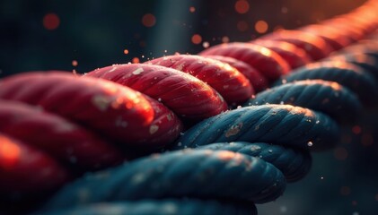 Close-up of battle ropes in action, powerful movement , exercise tools, fibers, workout