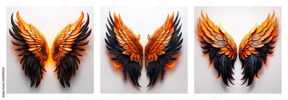 Poster isolated collection of three pairs of wings with striking orange and dark feathers. vivid and detail